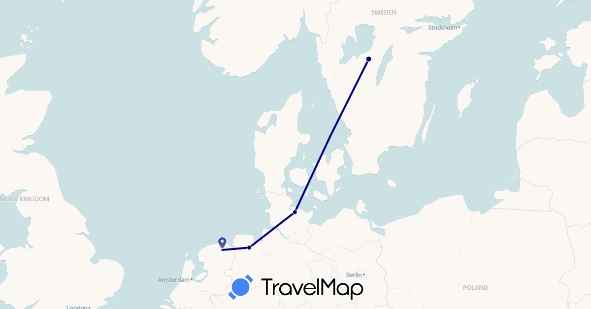TravelMap itinerary: driving in Germany, Netherlands, Sweden (Europe)